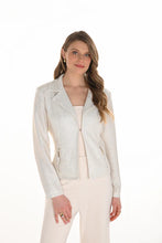 Load image into Gallery viewer, Woman wearing a metallic white jacket and white pants against a white background.