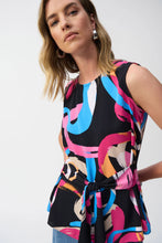 Load image into Gallery viewer, Add a touch of bold sophistication to your wardrobe with the Joseph Ribkoff Woven Abstract Print Top. Featuring a sleeveless design, scoop neckline, and an elegant front sash, this standout piece combines vibrant style with unmatched comfort. The striking abstract print is perfect for spring and summer.