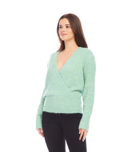 Load image into Gallery viewer, Experience luxury and style with our wrap sweater. The broad cuffs and hem lend an elegant flair, and the ribbed detailing provides texture. Its faux wrap design offers a chic and refined appearance, making it ideal for both casual and formal events.
