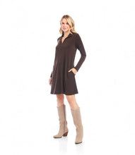 Load image into Gallery viewer, Woman wearing a brown dress and tan tall suede boots against a white background.
