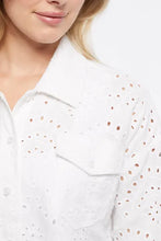 Load image into Gallery viewer, This season’s fashion statement, our Elaine eyelet shacket is the perfect style to layer over your favorite pieces or wear on its own. The design is in the details, and this gorgeous shacket does not disappoint with its crinkle linen-blend and stunning eyelet pattern, long sleeves with button cuffs, collar and front patch pockets. The possibilities are endless on the ways this fabulous shacket can be styled!