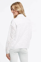 Load image into Gallery viewer, This season’s fashion statement, our Elaine eyelet shacket is the perfect style to layer over your favorite pieces or wear on its own. The design is in the details, and this gorgeous shacket does not disappoint with its crinkle linen-blend and stunning eyelet pattern, long sleeves with button cuffs, collar and front patch pockets. The possibilities are endless on the ways this fabulous shacket can be styled!