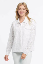 Load image into Gallery viewer, This season’s fashion statement, our Elaine eyelet shacket is the perfect style to layer over your favorite pieces or wear on its own. The design is in the details, and this gorgeous shacket does not disappoint with its crinkle linen-blend and stunning eyelet pattern, long sleeves with button cuffs, collar and front patch pockets. The possibilities are endless on the ways this fabulous shacket can be styled!