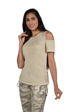 Load image into Gallery viewer, A stunning gold lurex fabrication creates a dazzling off the shoulder top by Frank Lyman. The Ophelia includes a side tie on each side with gold hardware at the end of each string. Dress up with your favorite bottom or dress casually with denim or shorts.