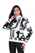 Load image into Gallery viewer, We are in love with this black and off-white contrast abstract design sweater. As unique as it is beautiful, you will receive numerous compliments when you wear this fabulous style. Perfect color combination to essentially pair with any of your favorite bottoms.