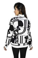 Load image into Gallery viewer, We are in love with this black and off-white contrast abstract design sweater. As unique as it is beautiful, you will receive numerous compliments when you wear this fabulous style. Perfect color combination to essentially pair with any of your favorite bottoms.