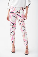 Load image into Gallery viewer, How stunning is this Lydia pant by Joseph Ribkoff? A unique blend of abstract stripes in colors of pink, peach, black and taupe playfully sit on a white background. A gorgeous slimming, stretch fit allows for easy movement and comfort that will last throughout the day. Pair with a solid black or white top to create a fashionable look that will get you noticed!
