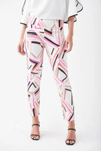 Load image into Gallery viewer, How stunning is this Lydia pant by Joseph Ribkoff? A unique blend of abstract stripes in colors of pink, peach, black and taupe playfully sit on a white background. A gorgeous slimming, stretch fit allows for easy movement and comfort that will last throughout the day. Pair with a solid black or white top to create a fashionable look that will get you noticed!