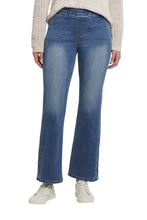 Load image into Gallery viewer, These pull-on jeans are just perfect! With its wide leg silhouette, snap button detailing on each pant leg and vintage wash, you will make a fashion statement each time you wear these amazing jeans!