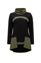 Load image into Gallery viewer, Make a beautiful statement when you style this standout avocado and black cowl neck tunic. The pronounced pockets add eye-catching detail while the cowl neck, in the same fabric as the pockets, add a touch of dramatic flair.
