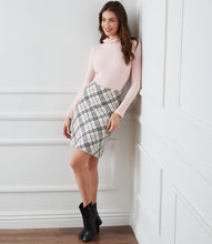 Load image into Gallery viewer, Polished in plaid, this bias-cut tartan skirt offers a figure-flattering silhouette. This skirt pairs perfectly with our Rose Drape Neck Turtleneck Lightweight Sweater.