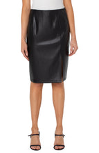 Load image into Gallery viewer, A perfectly polished vegan faux leather skirt, this mid-rise pencil skirt is sleek, sophisticated and versatile for day or night. Pair with our Becka Black Faux Leather Seamed Shacket for a classic, put together look.