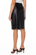 Load image into Gallery viewer, A perfectly polished vegan faux leather skirt, this mid-rise pencil skirt is sleek, sophisticated and versatile for day or night. Pair with our Becka Black Faux Leather Seamed Shacket for a classic, put together look.