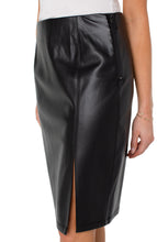 Load image into Gallery viewer, A perfectly polished vegan faux leather skirt, this mid-rise pencil skirt is sleek, sophisticated and versatile for day or night. Pair with our Becka Black Faux Leather Seamed Shacket for a classic, put together look.