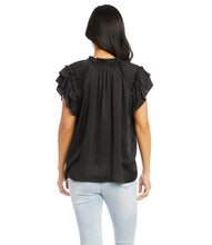Load image into Gallery viewer, A beautiful feminine look, our Bethany Top is a lovely style to elevate any outfit. With tiered ruffles along the shoulders and tie-neck detail, this silky satin top is sure to receive compliments.