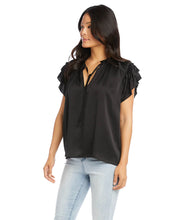 Load image into Gallery viewer, A beautiful feminine look, our Bethany Top is a lovely style to elevate any outfit. With tiered ruffles along the shoulders and tie-neck detail, this silky satin top is sure to receive compliments.