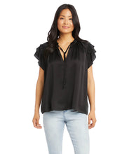 Load image into Gallery viewer, A beautiful feminine look, our Bethany Top is a lovely style to elevate any outfit. With tiered ruffles along the shoulders and tie-neck detail, this silky satin top is sure to receive compliments.