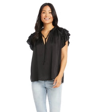 Load image into Gallery viewer, A beautiful feminine look, our Bethany Top is a lovely style to elevate any outfit. With tiered ruffles along the shoulders and tie-neck detail, this silky satin top is sure to receive compliments.