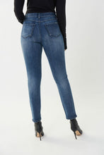 Load image into Gallery viewer, As unique as it is bold, our basic blue denim jean by Joseph Ribkoff is taken to new heights with its bold scribble pattern in black rhinestone embellishment. A perfect statement piece to pair with your favorite top, you will definitely receive compliments on this fabulous jean.