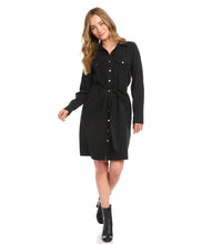 Load image into Gallery viewer, A simple yet classic chic style dress is what you need to complete your cool weather wardrobe. A utility-style Tencel™ blend dress, complete with flap front pockets and a tie around the waist completes the overall fabulous design. Color-Black. Chest flap pockets and side pockets. Button down. Self-belt. Fabric- 50% Tencel. 42% Viscose. 8% Linen.