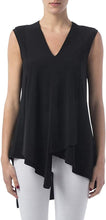 Load image into Gallery viewer, The Zola Black Sleeveless Tunic by Joseph Ribkoff is an ideal style to wear with almost every piece in your closet. This gorgeous tunic is a loose fit with a V-neck design and wrap style handkerchief hemline. With a good deal of stretch, you will feel ultimate comfort each time you wear our Zola.