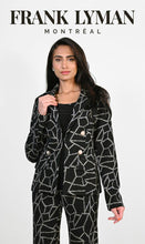 Load image into Gallery viewer, Our Blakely jacket is pure sophistication and style with its high-quality fabrication and design. The metallic threading in an abstract print, creates the perfect style for holiday dressing and other formal occasions such as winter weddings or dinners. Shiny metallic buttons in oval like shapes add greater interest to this perfect jacket. Color- Black and metallic. Oval shape buttons. Hook and eye closures. Nonfunctional front pockets.