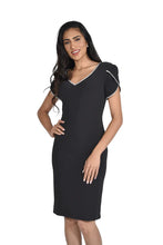 Load image into Gallery viewer, An enchanting dress, the Bellamy is the ideal style for your special occasions. This perfect black dress is offset with sparkling crystal rhinestones edging the neckline and sleeves, while the V-neck and tulip design sleeves are added details that create an alluring look. Color- Black with white crystal rhinestones. V-Neck. Tulip sleeves. Fabric-95% Polyester. 5% Elastane.