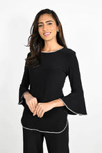Load image into Gallery viewer, If simplicity is the most elegant form of sophistication, then our Bianca Black and Crystal Top is just that; a sophisticated style that is a basic black jersey bell sleeve top with just a touch of sparkling rhinestone edging. A gorgeous style to match with a flowy pair of black pants, this flattering style is perfect for all of your special events.