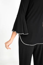 Load image into Gallery viewer, If simplicity is the most elegant form of sophistication, then our Bianca Black and Crystal Top is just that; a sophisticated style that is a basic black jersey bell sleeve top with just a touch of sparkling rhinestone edging. A gorgeous style to match with a flowy pair of black pants, this flattering style is perfect for all of your special events.