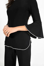 Load image into Gallery viewer, If simplicity is the most elegant form of sophistication, then our Bianca Black and Crystal Top is just that; a sophisticated style that is a basic black jersey bell sleeve top with just a touch of sparkling rhinestone edging. A gorgeous style to match with a flowy pair of black pants, this flattering style is perfect for all of your special events.