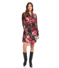 Load image into Gallery viewer, Vibrant florals in rosy hues bloom over this breezy shirtdress. So many different styling options are made possible with this stunning dress. Add a belt for an effortless look with neutral shoes- or wear it as a jacket unbuttoned with jeans and a simple top. Or pair with your favorite black leggings and tall boots. So many endless possibilities! Color- Red, black and white. Long sleeve button cuff. Slightly oversized. Point collar Button down