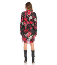 Load image into Gallery viewer, Vibrant florals in rosy hues bloom over this breezy shirtdress. So many different styling options are made possible with this stunning dress. Add a belt for an effortless look with neutral shoes- or wear it as a jacket unbuttoned with jeans and a simple top. Or pair with your favorite black leggings and tall boots. So many endless possibilities! Color- Red, black and white. Long sleeve button cuff. Slightly oversized. Point collar Button down
