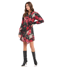 Load image into Gallery viewer, Vibrant florals in rosy hues bloom over this breezy shirtdress. So many different styling options are made possible with this stunning dress. Add a belt for an effortless look with neutral shoes- or wear it as a jacket unbuttoned with jeans and a simple top. Or pair with your favorite black leggings and tall boots. So many endless possibilities! Color- Red, black and white. Long sleeve button cuff. Slightly oversized. Point collar Button down