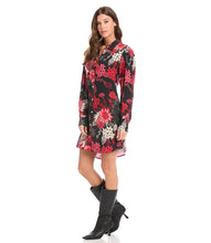 Load image into Gallery viewer, Vibrant florals in rosy hues bloom over this breezy shirtdress. So many different styling options are made possible with this stunning dress. Add a belt for an effortless look with neutral shoes- or wear it as a jacket unbuttoned with jeans and a simple top. Or pair with your favorite black leggings and tall boots. So many endless possibilities! Color- Red, black and white. Long sleeve button cuff. Slightly oversized. Point collar Button down