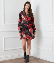 Load image into Gallery viewer, Vibrant florals in rosy hues bloom over this breezy shirtdress. So many different styling options are made possible with this stunning dress. Add a belt for an effortless look with neutral shoes- or wear it as a jacket unbuttoned with jeans and a simple top. Or pair with your favorite black leggings and tall boots. So many endless possibilities! Color- Red, black and white. Long sleeve button cuff. Slightly oversized. Point collar Button down