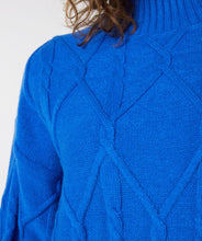 Load image into Gallery viewer, A piercing bright blue color dazzles on this mesmerizing Bettina dress. The classic cable pattern and ribbed cuffs, along with a slightly oversized fit, creates a style that will become your next fashion favorite. Our Bettina is a beautiful piece to style with leggings and boots or choose to wear alone with boots or heels. Color- Blue. Pull-over style. Mock-neck. Ribbed cuffs.