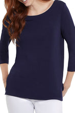 Load image into Gallery viewer, A definite classic, this timeless design has been a must-have over the years for style icons like Audrey Hepburn. Now, modern-day you can be a style icon in your own right when you wear our Nancy top. Wear with your favorite jeans and flats or pair under your favorite jacket for an easy and effortless look that will be fashionable forever. Color- Nautical; Navy. Pop-over boat neck. Relaxed fit. Neckline with inside facing. Three quarter length set-in sleeve.