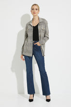 Load image into Gallery viewer, A stunning jacquard knit jacket in beige and black with a dusting of gold thread elevates any look. With brilliantly shining gold buttons, you will be polished and pulled together when you wear this gorgeous style. Perfectly pairs with our KATHERINE KNIT JACQUARD PANT- JOSEPH RIBKOFF 223143. Colors- Beige, black, gold, hints of yellow and dark orange. Shiny gold buttons. Front button closures. Sleeve button closure. Decorative nonfunctional bust pockets.