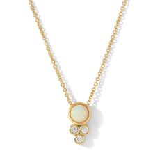 Load image into Gallery viewer, This dainty and sweet opal pendant is the perfect everyday necklace. An opal stone is accented with three sparkling cubic zirconia. A lovely combination is to layer with our New Lourdes Opal Necklace.
