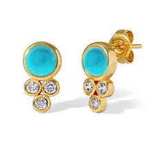 Load image into Gallery viewer, Timeless and dainty, these beautiful studs are designed with an eye-catching center stone and three shiny gem adornments. Wear with our Capri Turquoise Pendant Necklace and Capri Turquoise ring for the perfect sparkling look. Color- Blue turquoise, white, gold. Composition- 14kt gold over brass. Genuine turquoise. Cubic zirconia.