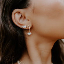 Load image into Gallery viewer, Timeless and dainty, these beautiful studs are designed with an eye-catching center stone and three shiny gem adornments. Wear with our Capri Turquoise Pendant Necklace and Capri Turquoise ring for the perfect sparkling look. Color- Blue turquoise, white, gold. Composition- 14kt gold over brass. Genuine turquoise. Cubic zirconia.