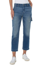 Load image into Gallery viewer, Our Regan Retro Carpenter Jean gives a vintage vibe with modern style details. Just the right amount of stretch gives our Regan a comfortable fit while the slight distressing creates a trendy look. Pair with your favorite sweater or top and a pair of sneakers and you're ready to take on the day! Color- Echo Park. Vintage stretch denim fabrication. Carpenter pant silhouette. Flat front with belt loops. Two front slant pockets. Two back patch pockets.