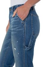 Load image into Gallery viewer, Our Regan Retro Carpenter Jean gives a vintage vibe with modern style details. Just the right amount of stretch gives our Regan a comfortable fit while the slight distressing creates a trendy look. Pair with your favorite sweater or top and a pair of sneakers and you're ready to take on the day! Color- Echo Park. Vintage stretch denim fabrication. Carpenter pant silhouette. Flat front with belt loops. Two front slant pockets. Two back patch pockets.