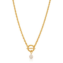 Load image into Gallery viewer, The Catalina Pearl Necklace is simply elegant. With a thick gold rope chain and a genuine pearl drop charm, this is a piece that will become your next favorite. The pearl charm drops from a pearl-embellished toggle which makes it easy to take on and off. Complete the look with our Catalina Pearl Bracelet.