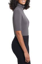 Load image into Gallery viewer, It's essential to have basic tops in your wardrobe to go under your favorite jackets, blazers and cardigans or just to wear on its own. This chic top is a stylish basic with a classic mock neck, relaxed silhouette, elbow-length sleeves, and ultra-soft French Terry knit. The taupe color makes it worthy of wearing with so many of your favorite pieces. Color-Charcoal. Pop-over mock neck. Relaxed fit. Elbow length sleeves. Centre back seam detail. Soft French Terry.