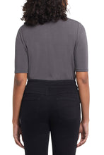 Load image into Gallery viewer, It's essential to have basic tops in your wardrobe to go under your favorite jackets, blazers and cardigans or just to wear on its own. This chic top is a stylish basic with a classic mock neck, relaxed silhouette, elbow-length sleeves, and ultra-soft French Terry knit. The taupe color makes it worthy of wearing with so many of your favorite pieces. Color-Charcoal. Pop-over mock neck. Relaxed fit. Elbow length sleeves. Centre back seam detail. Soft French Terry.