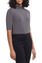 Load image into Gallery viewer, It's essential to have basic tops in your wardrobe to go under your favorite jackets, blazers and cardigans or just to wear on its own. This chic top is a stylish basic with a classic mock neck, relaxed silhouette, elbow-length sleeves, and ultra-soft French Terry knit. The taupe color makes it worthy of wearing with so many of your favorite pieces. Color-Charcoal. Pop-over mock neck. Relaxed fit. Elbow length sleeves. Centre back seam detail. Soft French Terry.