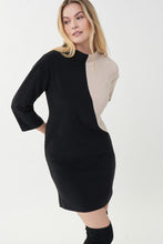 Load image into Gallery viewer, Sophistication meets modern with this gorgeous color block dress in sand and black. The uniquely mod inspired look is original and refreshing; a stand-out style for your evenings out. Color- Sand and black. 3/4 sleeve. Short dress. Back zipper closure. Two tone dress. Fabric-95% Polyester. 5% Spandex.