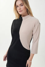 Load image into Gallery viewer, Sophistication meets modern with this gorgeous color block dress in sand and black. The uniquely mod inspired look is original and refreshing; a stand-out style for your evenings out. Color- Sand and black. 3/4 sleeve. Short dress. Back zipper closure. Two tone dress. Fabric-95% Polyester. 5% Spandex.