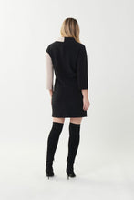 Load image into Gallery viewer, Sophistication meets modern with this gorgeous color block dress in sand and black. The uniquely mod inspired look is original and refreshing; a stand-out style for your evenings out. Color- Sand and black. 3/4 sleeve. Short dress. Back zipper closure. Two tone dress. Fabric-95% Polyester. 5% Spandex.